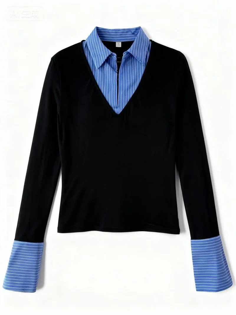 Black Full Sleeve Contrast Collar Fitted Top